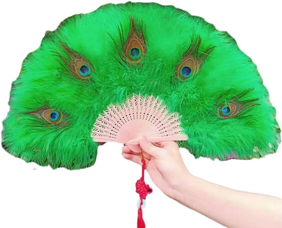 Abanico verde plegable con ocelos de pavo real