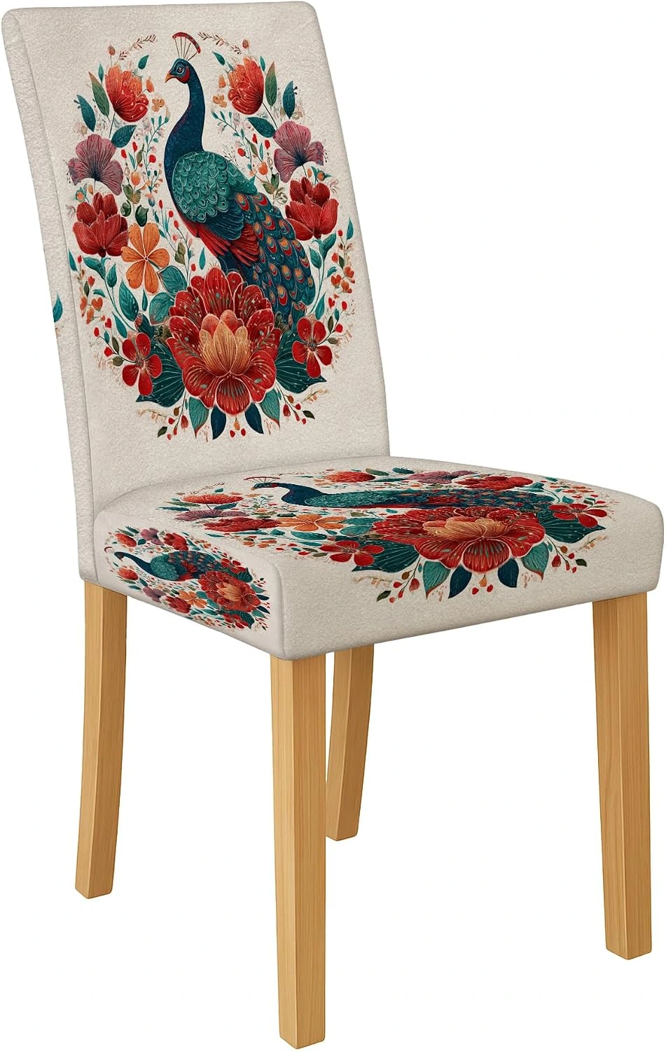 Funda de silla con pavo real verde y flores sobre crema