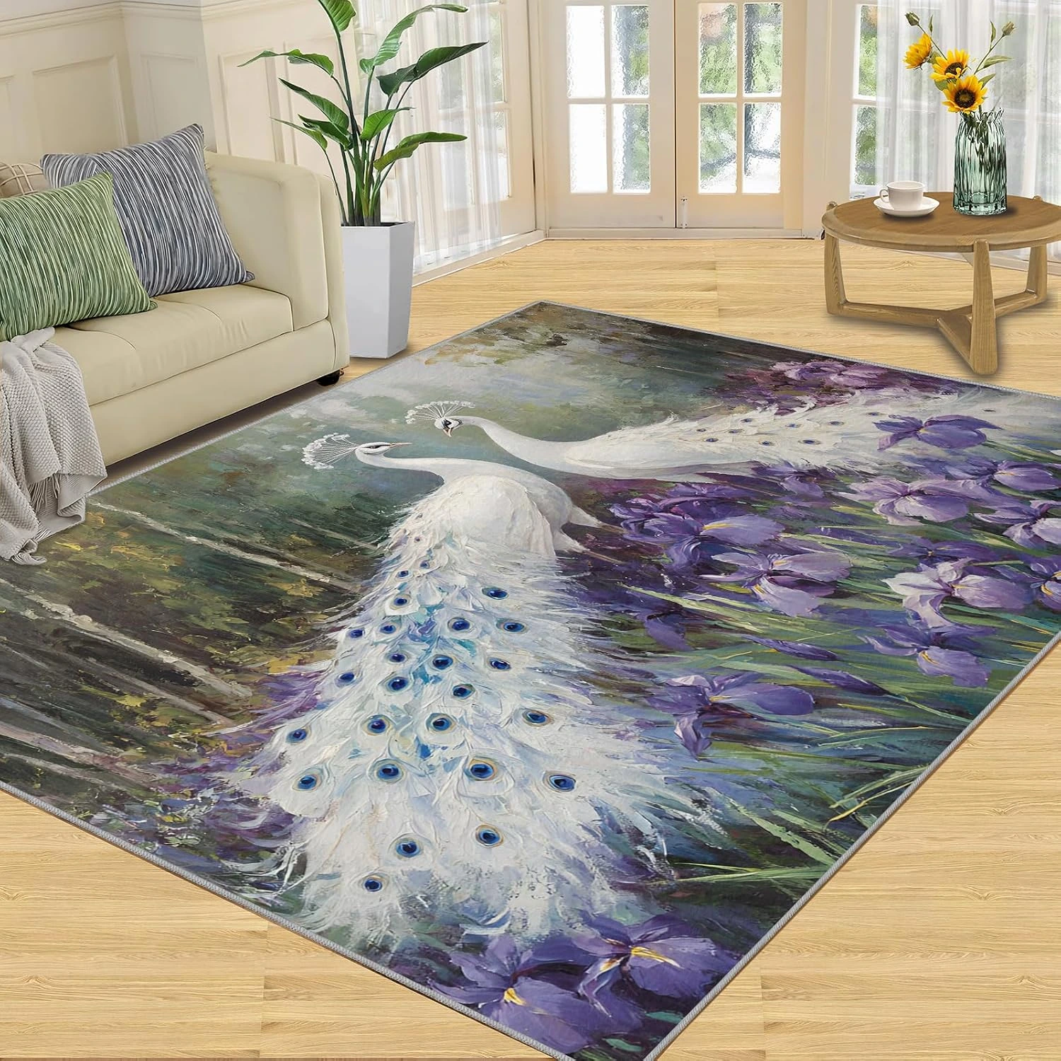 Alfombra FBRUIEG de pavo real blanco entre flores · 50 × 80