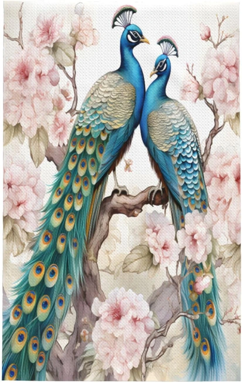 Paño Entemne de dos pavos reales entre flores rosas