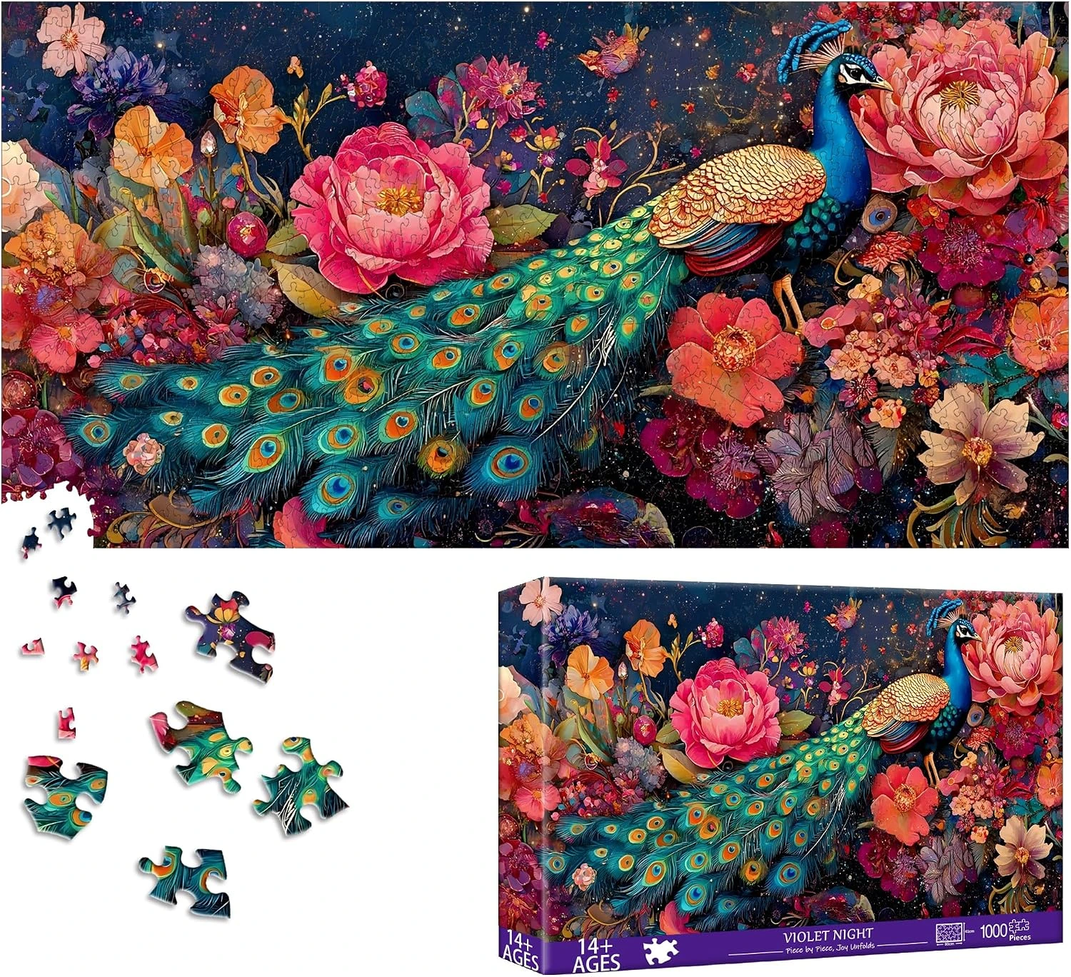 Puzzle Bimkole panorámico de pavo real entre flores