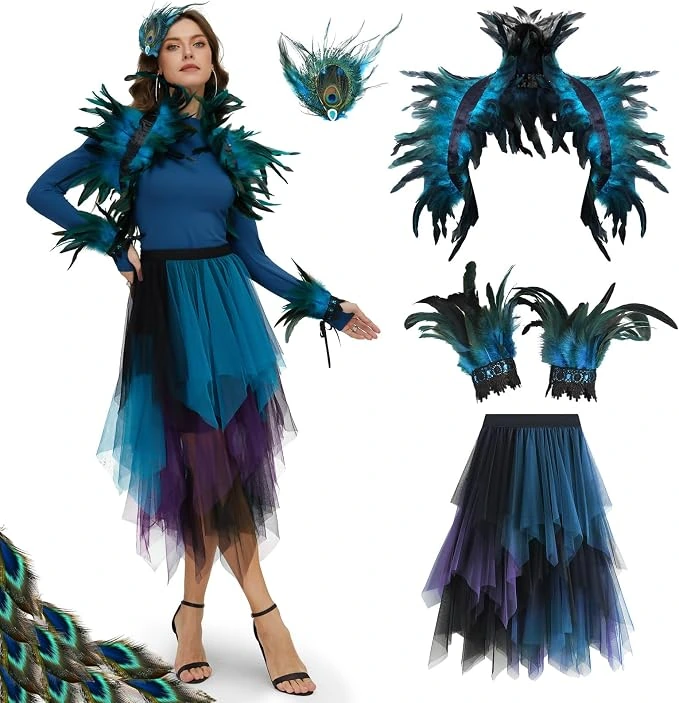 Conjunto Ulikey de falda, capa y tocado de plumas