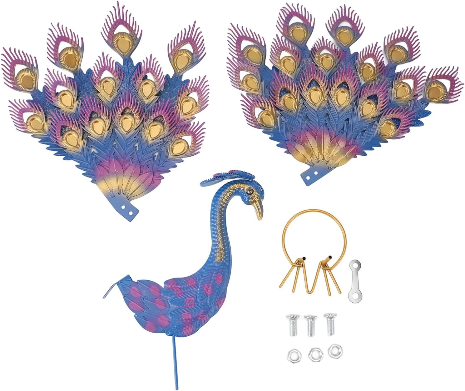 Pavo real Spryflower de hierro con abanico azul y morado