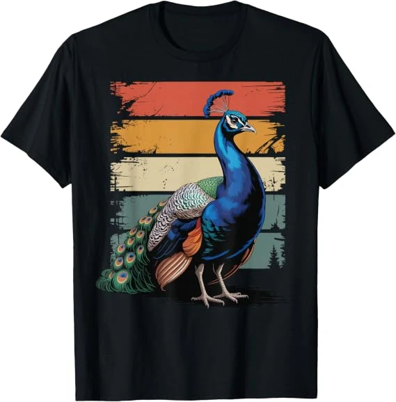 Camiseta negra con pavo real y franjas retro