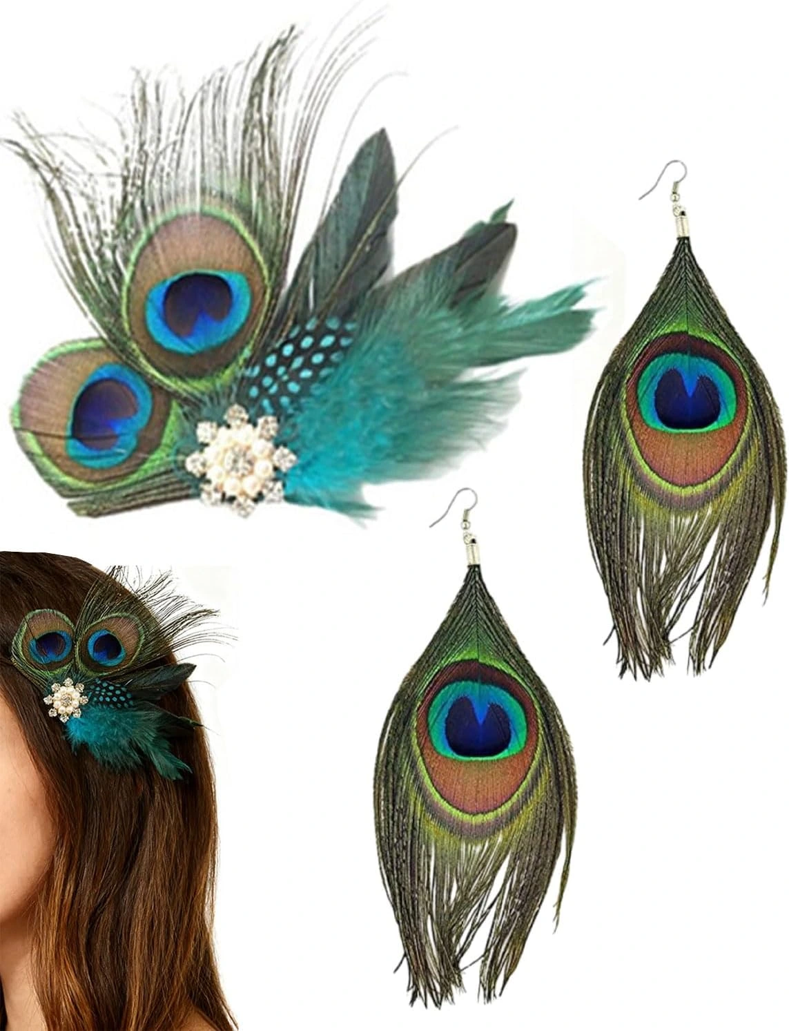 Tocado ZAMXHUG de ocelos y plumas turquesas con pendientes