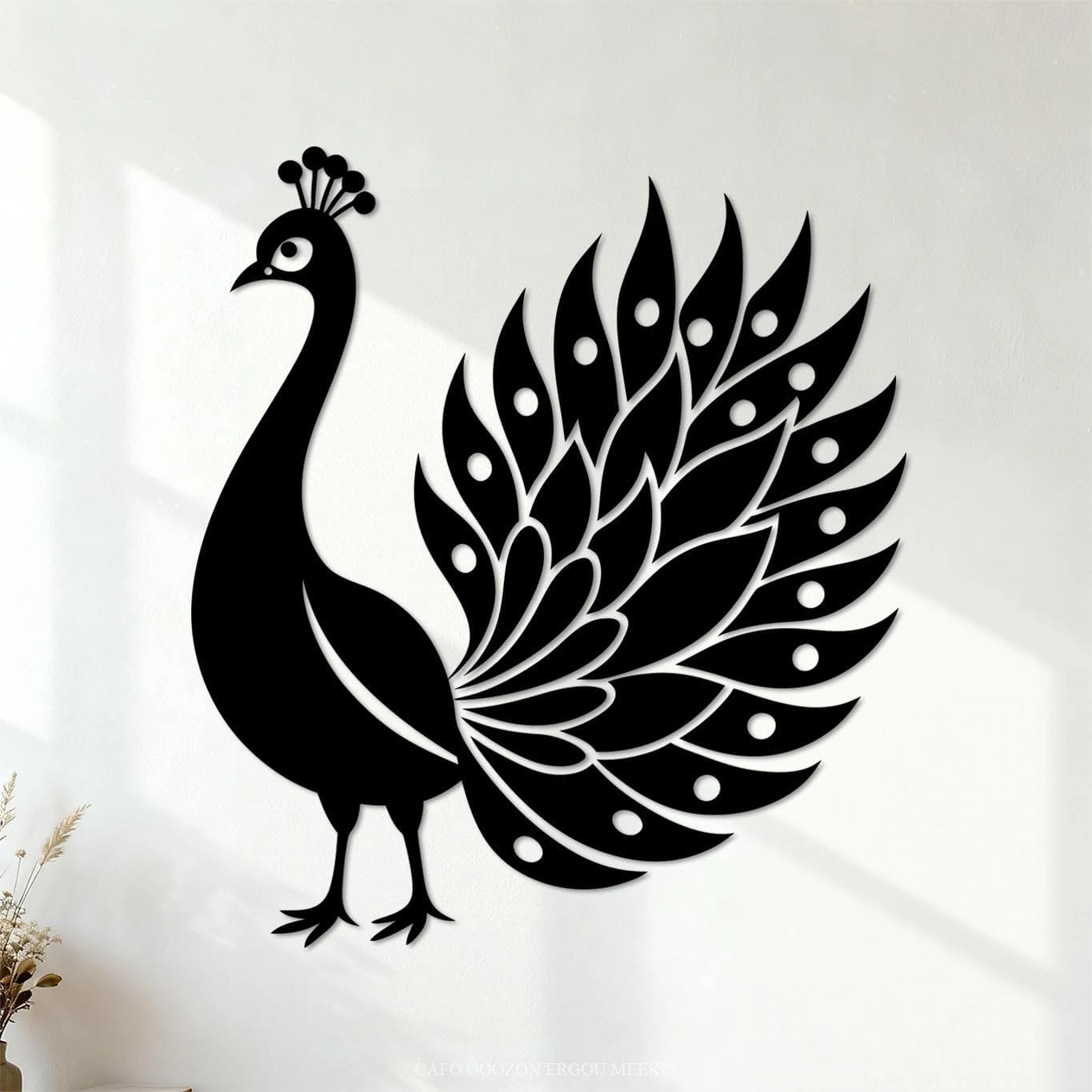 Vinilo Yeachin negro de pavo real de perfil y abanico elevado