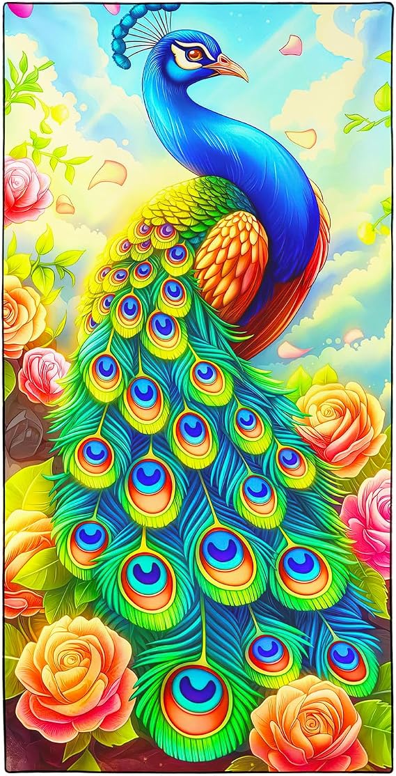 Toalla de playa Violetpos de pavo real y rosas · 90 × 180 cm