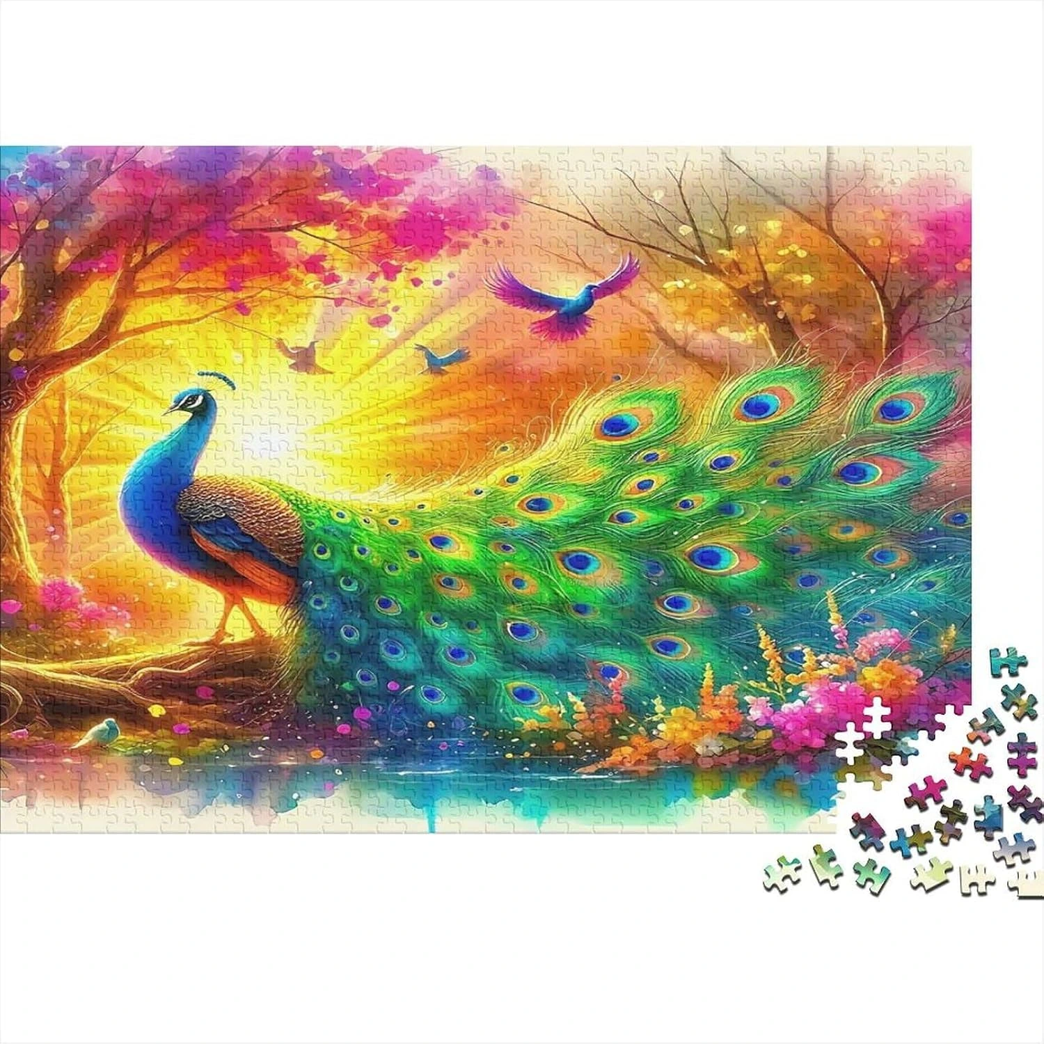 Puzle de pavo real en bosque multicolor · 1.000 piezas
