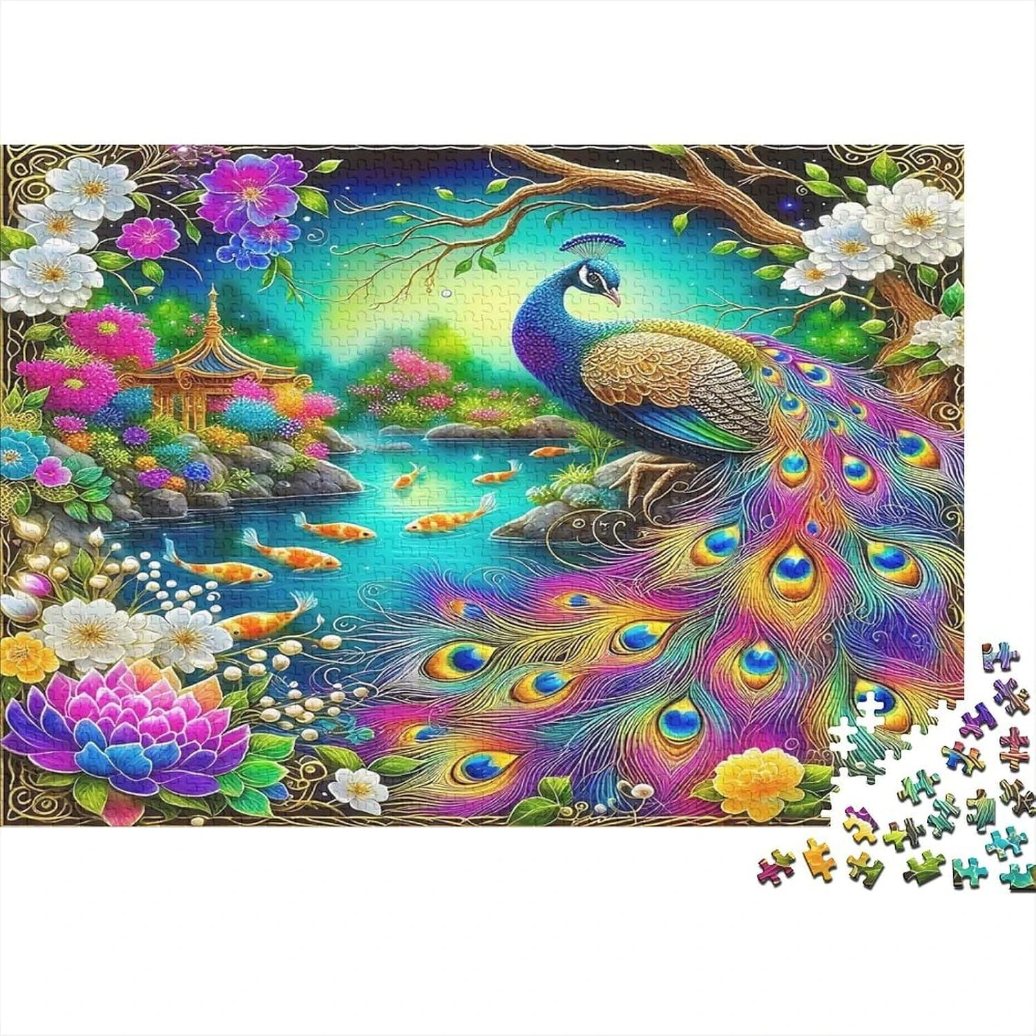 Puzle de pavo real y flores · 1000 piezas