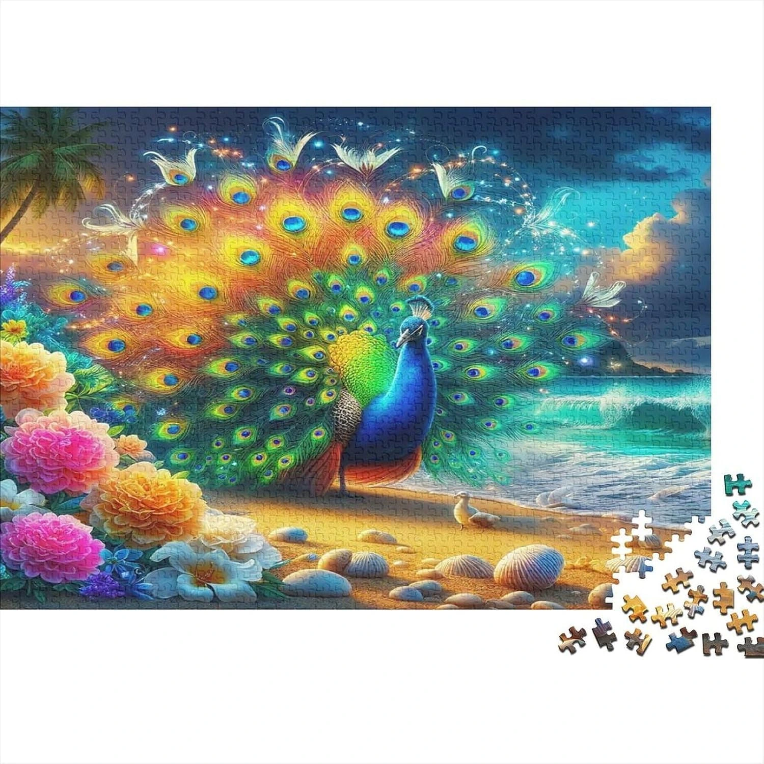 Puzle de pavo real en una playa de fantasía · 1.000 piezas