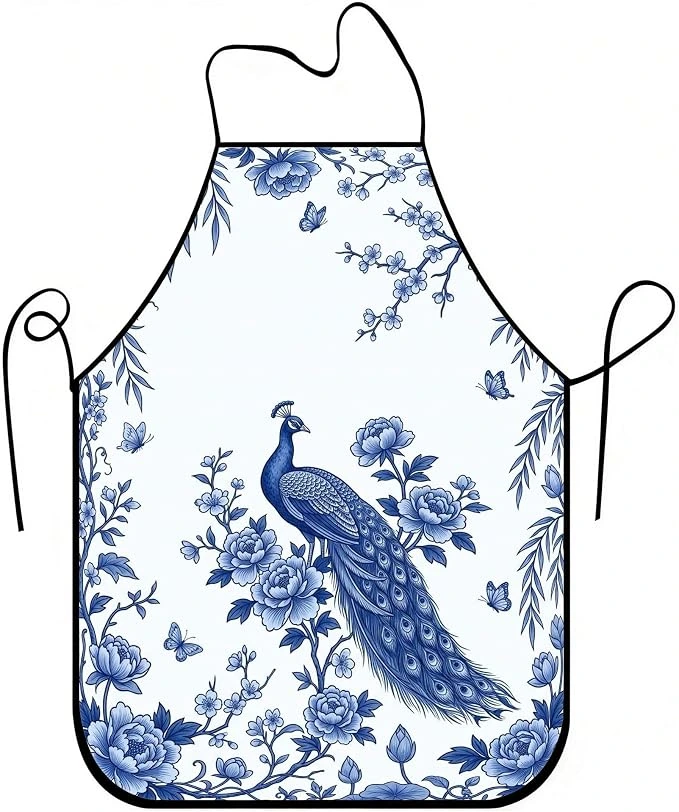 Delantal blanco con pavo real y flores azules · 24 × 31 pulgadas
