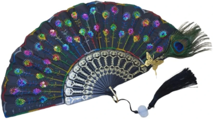 Abanico negro de bordado multicolor y pluma de pavo real