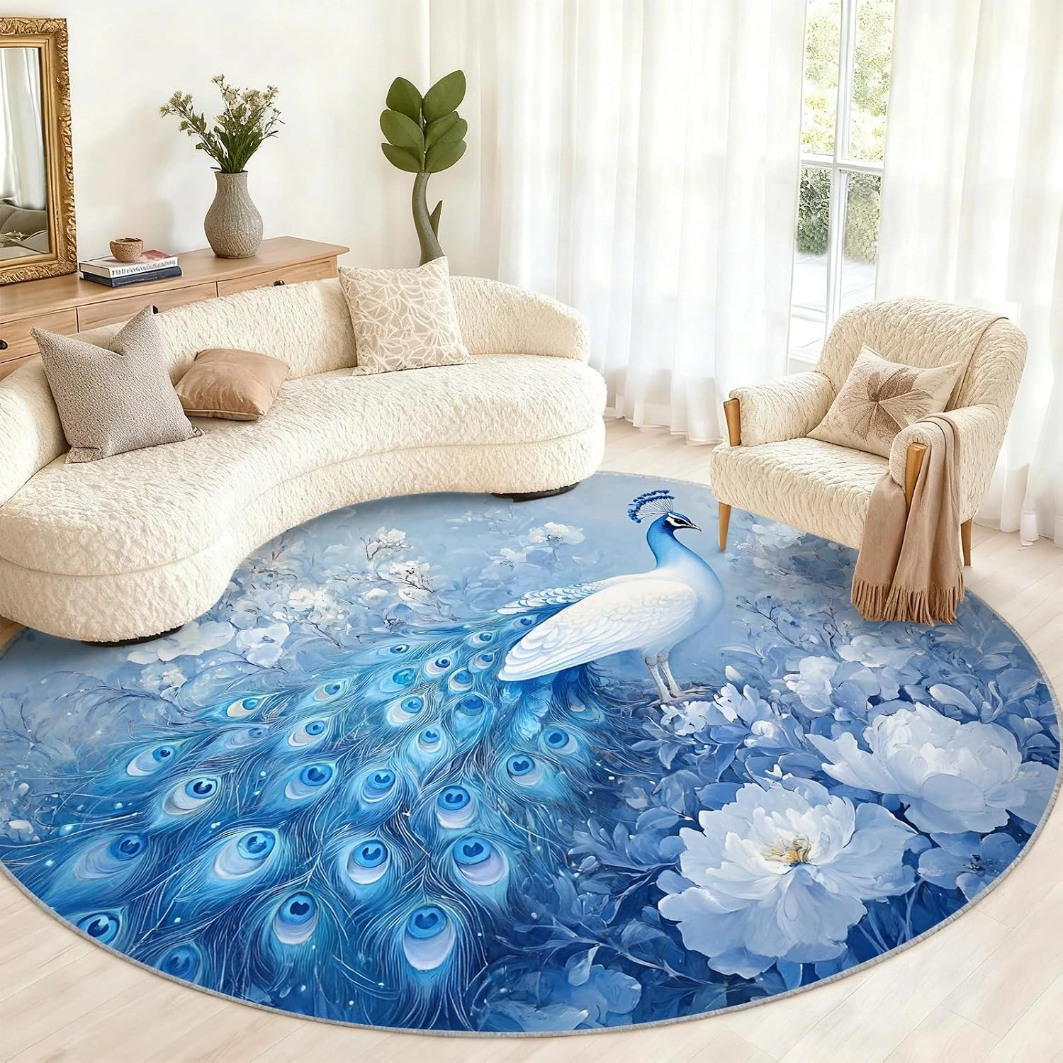 Alfombra redonda de pavo real blanco sobre azul · 160 cm