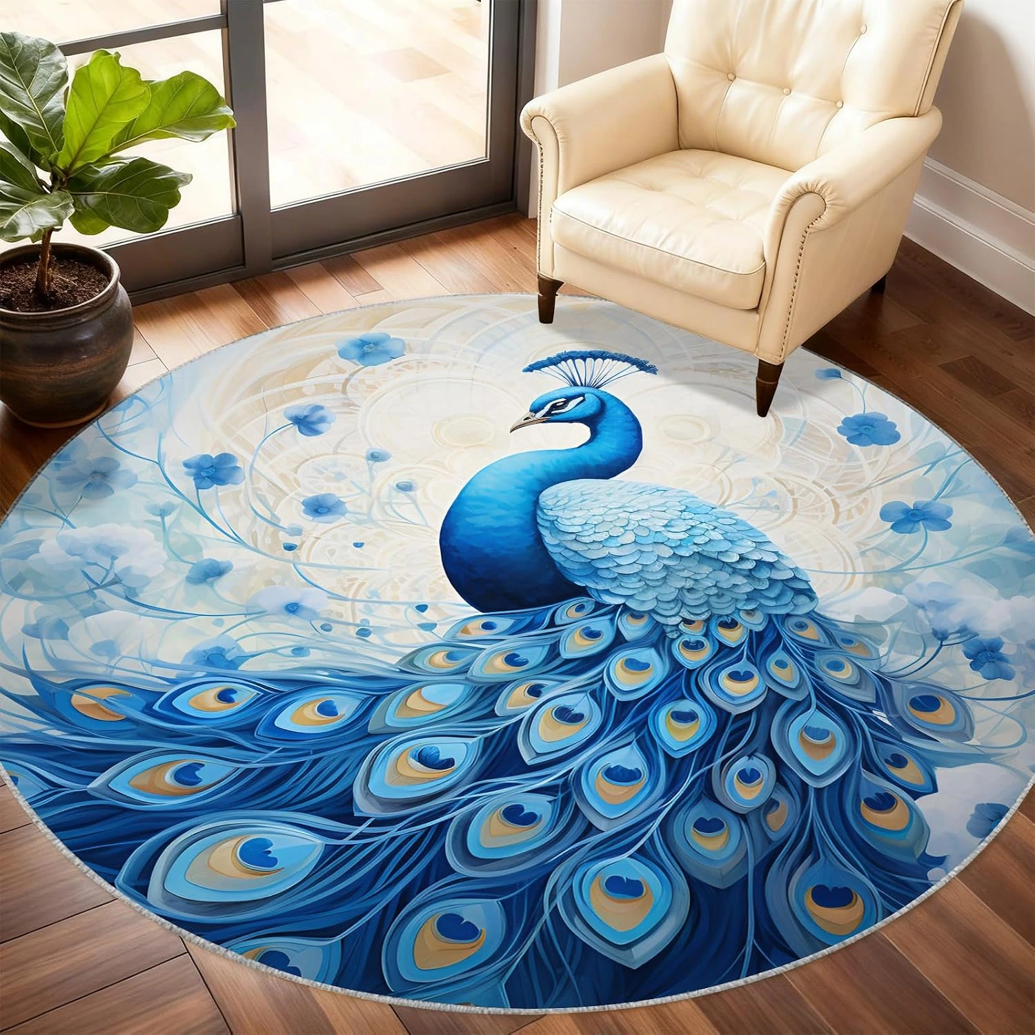 Alfombra redonda de pavo real azul y flores · 150 cm