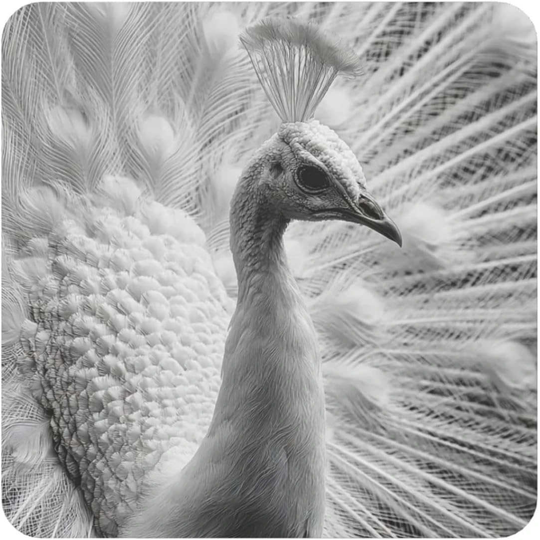 Imán cuadrado de retrato de pavo real en blanco y negro