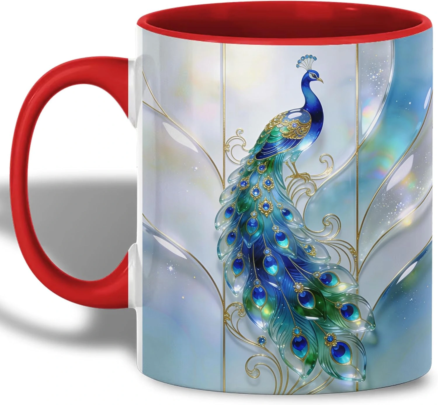 Taza de pavo real azul con interior y asa rojos · 11 oz