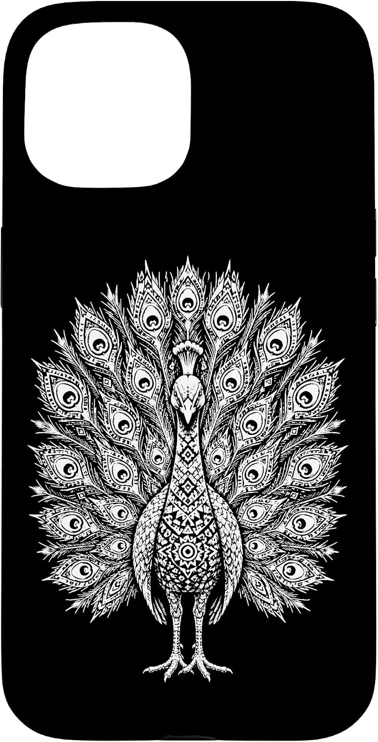 Funda de iPhone 15 con pavo real geométrico en blanco y negro