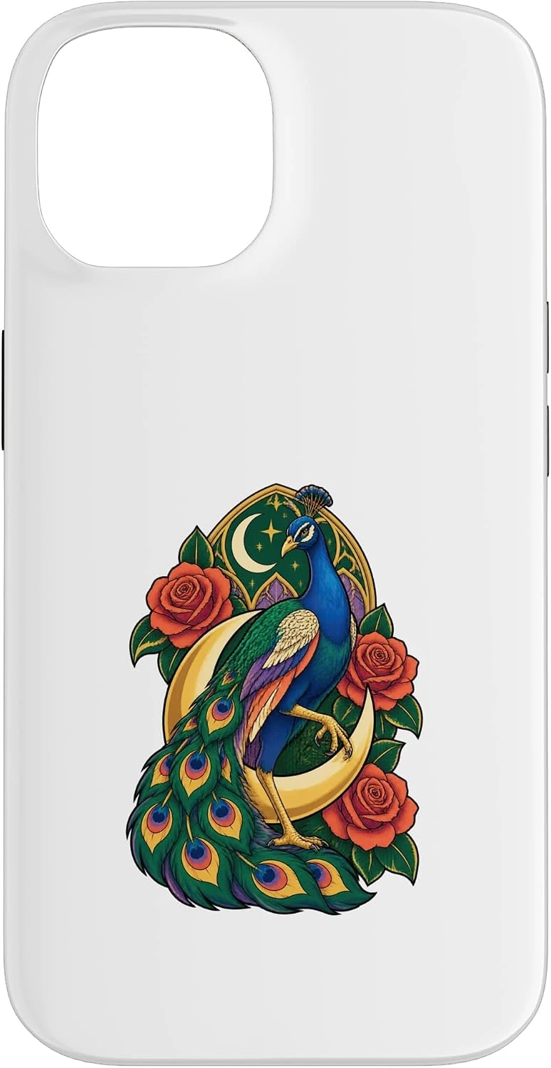 Funda de iPhone 14 con pavo real, luna y rosas